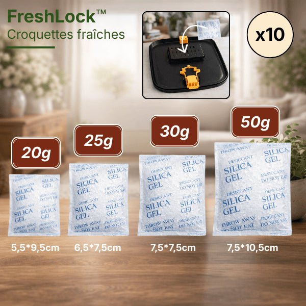 Sachet absorbeur d'humidité pour distributeur de croquettes disponible en 20g 25g 30g et 50g