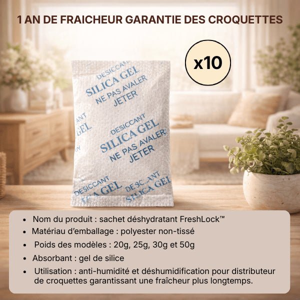 Sachet absorbeur d'humidité en gel de silice pour préserver la fraîcheur des croquettes dans un distributeur - FreshLock™