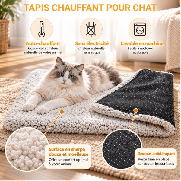 Tapis chauffant chat auto chauffant sans électricité avec sherpa doux et base antidérapante