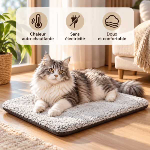 Tapis chauffant chat gris conservant naturellement la chaleur corporelle sans branchement électrique