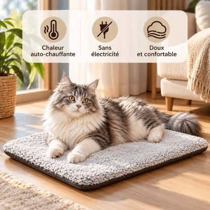 Tapis chauffant chat gris conservant naturellement la chaleur corporelle sans branchement électrique