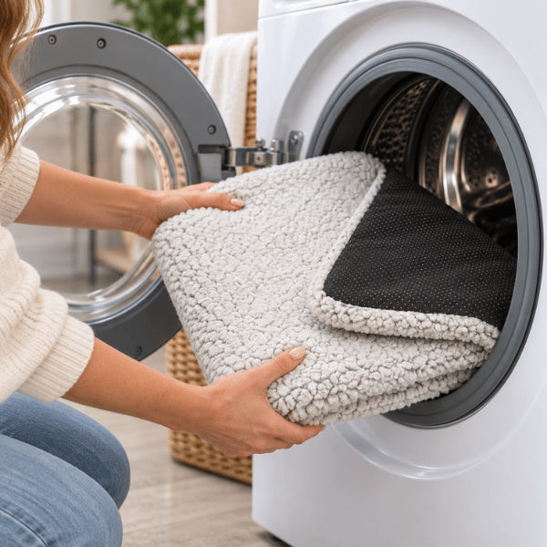 Tapis chauffant chat lavable en machine avec dessous antidérapant noir et sherpa