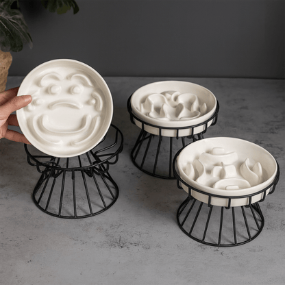 Trois modèles gamelle anti glouton chat smiley fleur labyrinthe surélevée ceramique support noir fer